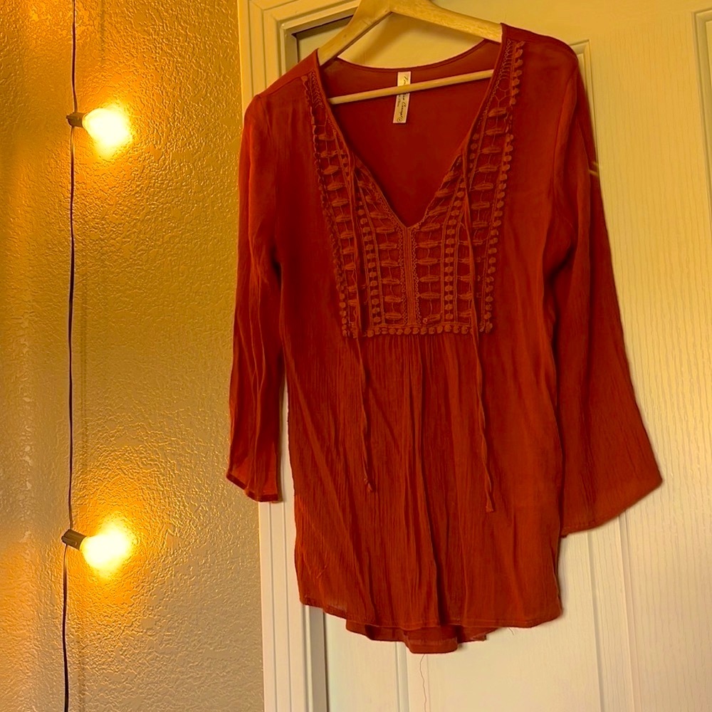 Boho, beautiful rich rust color top!